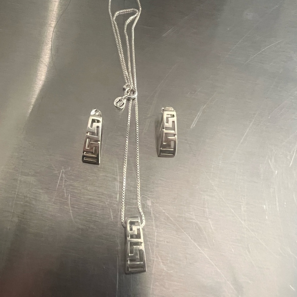 Sterling Silver Greek Key Earring & Necklace on 16” Sterling chain.
